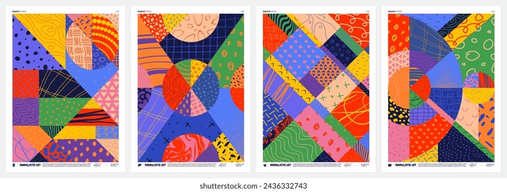 Abstract vector geometric mosaic Posters with bizarre colorful motley pattern in patchwork style, Hand drawn modern wall art with aesthetic naive ornament, set 1