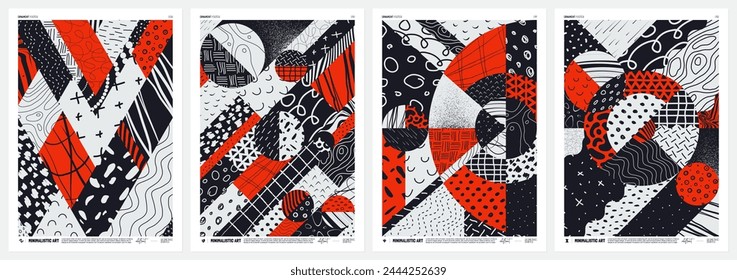 Abstrakte Vektorgrafik Geometrische Mosaikplakate mit bizarren monochromen Motley-Motiven im Patchwork-Stil, Handgezeichnete moderne Wandkunst mit ästhetischem naiven Ornament, Set 3