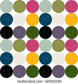 Abstract vector geometric pattern with colorful circles with worn out texture in soft pastel colors. 