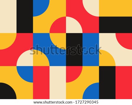 Abstract vector geometric pattern design in Bauhaus style. Popular abstract background vector red blue yellow colors. Art shapes circles and squares. Graphic design backdrop. Complex composition.