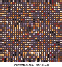 Abstract vector geometric pattern with dots on brown background. Modern graphic design with orange, red, gray, black, violet and yellow circles of different size arranged in lines.  Dots pattern.