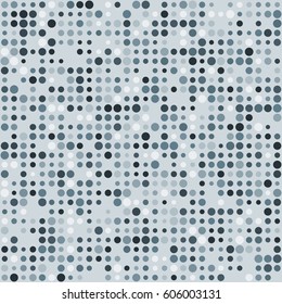 Abstract vector geometric pattern with dots on gray background. Modern graphic design with circles of different size arranged  and shade in lines. Grey scale halftones background, dots pattern.