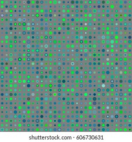 Abstract vector geometric pattern with dots on gray background. Modern graphic design with blue, aquamarine and green circles of different size arranged in lines. Dots halftone vector background.