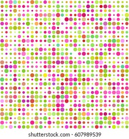 Abstract vector geometric pattern with dots on white background. Modern graphic design with pink, crimson, rose, green and mustard color circles of different size arranged in lines. Spring coloring.