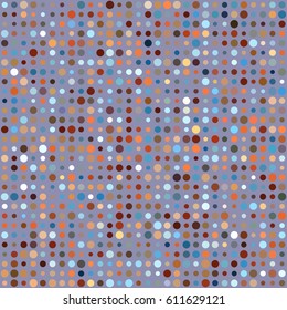 Abstract vector geometric pattern with dots on grey background. Modern graphic design with brown, blue and other colors circles of different size arranged in lines. Dots pattern, halftones background.