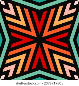 Abstract vector geometric pattern with floral ornaments in retro 1970s style. Radial symmetry creates a starburst design perfect for textiles, wallpapers, and fashion products in vintage aesthetic