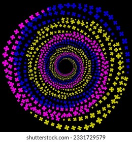 Abstract vector geometric pattern in the form of a spiral of multi-colored flowers arranged in a circle on a black background