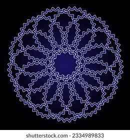 Abstract vector geometric pattern in the form of blue lines and shapes arranged in a circle on a black background