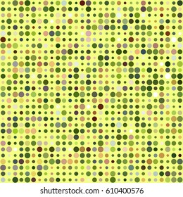 Abstract vector geometric pattern with green, brown and gray dots on yellow background. Modern graphic design with spring and summer color circles of different size and shade arranged in lines.