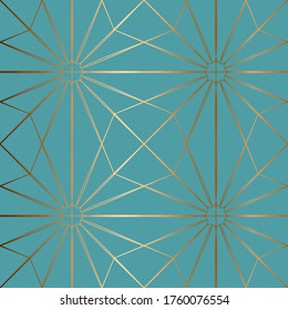 Abstract vector geometric seamless golden pattern. Blue background.