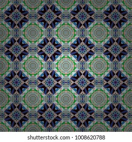 Abstract vector geometric seamless pattern with circles, lines and rhombuses in blue, green and black colors.