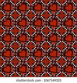 Abstract vector geometric seamless pattern with circles, lines and rhombuses in black, brown and red colors.