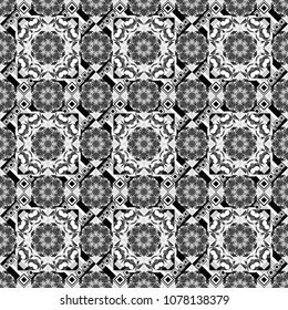Abstract vector geometric seamless pattern with circles, lines and rhombuses in black, white and gray colors.