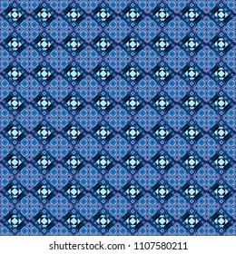 Abstract vector geometric seamless pattern with circles, lines and rhombuses in gray, blue and black colors.