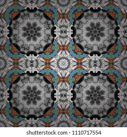 Abstract vector geometric seamless pattern with circles, lines and rhombuses in gray, blue and brown colors.