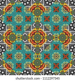 Abstract vector geometric seamless pattern with circles, lines and rhombuses in gray, green and blue colors.