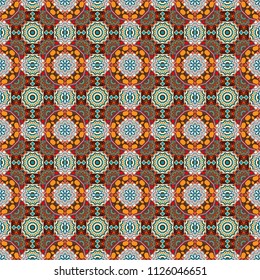 Abstract vector geometric seamless pattern with circles, lines and rhombuses in orange, beige and brown colors.