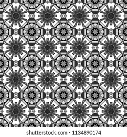 Abstract vector geometric seamless pattern with circles, lines and rhombuses in white, gray and black colors.