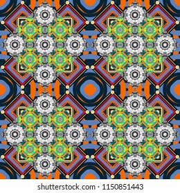 Abstract vector geometric seamless pattern with circles, lines and rhombuses in gray, black and blue colors.