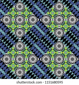 Abstract vector geometric seamless pattern with circles, lines and rhombuses in black, gray and blue colors.