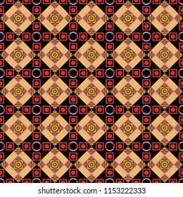 Abstract vector geometric seamless pattern with circles, lines and rhombuses in yellow, pink and blue colors.