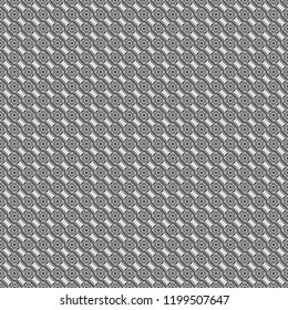 Abstract vector geometric seamless pattern with circles, lines and rhombuses in gray, black and white colors.