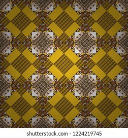 Abstract vector geometric seamless pattern with circles, lines and rhombuses in brown, white and yellow colors.