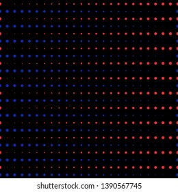 Abstract vector geometric seamless pattern in vibrant neon colors, blue and red. Halftone dots, fading shapes, dynamic visual effect. Simple modern background. Digital art texture. Futuristic design