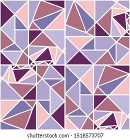 Abstract vector geometric seamless pattern of violet, pink, blue triangles on a white background