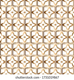 Abstract vector geometric seamless pattern with golden floral ornament. Blue background.