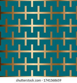 Abstract vector geometric seamless pattern. Ornamental blue, turquoise and golden background