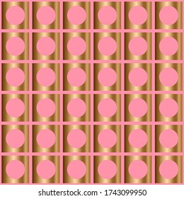 Abstract vector geometric seamless pattern with circles inside restangles. Ornamental astel pink and golden background