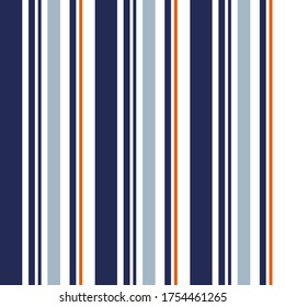 Abstract vector geometric seamless pattern. Vertical stripes. Colored background. Wrapping paper. Print for interior design and fabric. Stripe seamless pattern with Navy blue, Orange and white. 