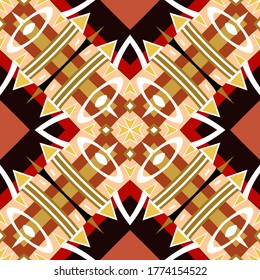 Abstract vector geometric seamless pattern. Colorfull tribal background. Ethnic style repeat backdrop. Kaleidoscope ornaments. Decorative ornate design fo fabric, wallpapers, prints. Endless texture.