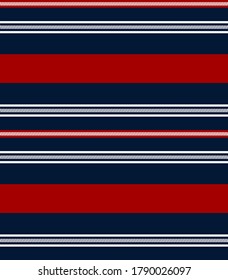 Abstract vector geometric seamless pattern. horizontal stripes.Colored background. Wrapping paper. Print for interior design and fabric. Stripe pattern with Navy blue, Red and white  colors.