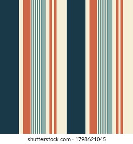 Abstract vector geometric seamless pattern. Vertical stripes. Colored background. Wrapping paper. Print for interior design and fabric. Stripe pattern with Retro Blue, Orange and beige colors.