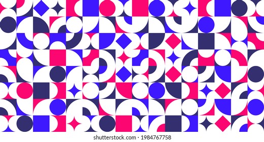 Abstract vector geometric seamless pattern, color simple geometric elements repeat tiles, wallpaper or website background, design background in retro style.