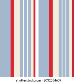 Abstract vector geometric seamless pattern. Vertical stripes. Colored background. Wrapping paper. Print for interior design and fabric. Stripe pattern with Retro Blue, Beige, red and white colors.