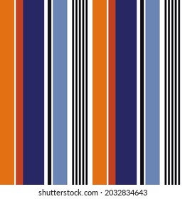 Abstract vector geometric seamless pattern. Vertical stripes. Colored background. Wrapping paper. Print for interior design and fabric. Stripe pattern with Blue,Orange, Black and white colors.