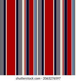 Abstract vector geometric seamless pattern. Vertical stripes. Colored background. Wrapping paper. Print for interior design and fabric. Stripe pattern with Navy blue, Red, blue and beige colors