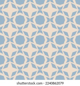 Abstract vector geometric seamless pattern. Simple ornament texture with diamond shapes, grid, repeat tiles. Blue and beige ornamental background. Retro vintage style.  Repeat design for decor, print