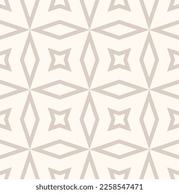 Abstract vector geometric seamless pattern. Simple minimal beige and white ornament texture with lines, diamonds, rhombuses, stars, grid. Subtle ornamental background. Repeat design for print, decor