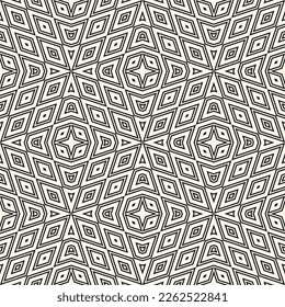Abstract vector geometric seamless pattern. Black and white geometrical background with outline shapes, diamonds, triangles, stars in regular grid. Simple minimal monochrome texture. Repeat design