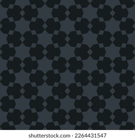 Abstract vector geometric seamless pattern. Traditional oriental ornament with small stars, hexagonal lattice, grid, floral shapes. Subtle vintage style background texture in dark gray and black color