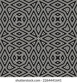 Abstract vector geometric seamless pattern. Black and white background with outline shapes, diamonds, triangles, stars. Simple minimal monochrome texture. Repeat design for decor, textile, wallpaper