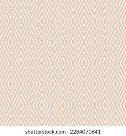 Abstract vector geometric seamless pattern. Subtle beige color background. Simple ornament with rhombuses, diamonds, lines, stripes. Minimal graphic texture. Repeat design for decor, fabric, furniture