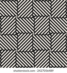 Abstract vector geometric seamless pattern. Monochrome ornament with diagomal lines, squares, grid, repeat tiles. Simple black and white geo texture. Stylish modern geometry background. Trendy design