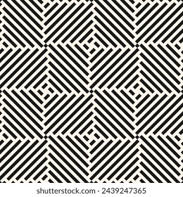 Abstract vector geometric seamless pattern. Monochrome ornament with diagonal lines, squares, repeat tiles. Simple black and white geo texture. Stylish modern geometry background. Repeatable design