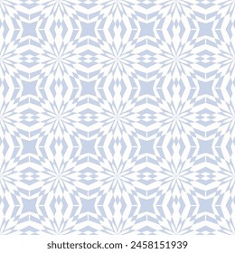 Abstract vector geometric seamless pattern. Subtle light blue and white background. Modern geo ornament with floral silhouettes. Texture with diamonds, stars, mosaic grid, repeat tiles. Elegant design