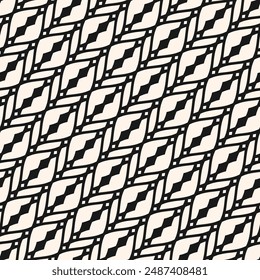 Abstract vector geometric seamless pattern. Black and white background. Monochrome texture with diagonal grid, lattice, mesh, lace, grating, fence, net. Modern graphic pattern. Endless repeated design